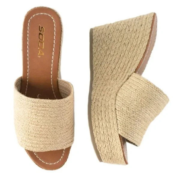 New Women Beige Jute Slip On Platform Wedge Heel Espadrille Sandals - Picture 4 of 6